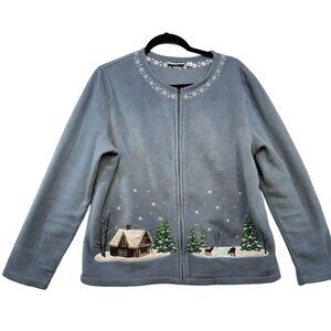 Croft & Barrow Winter Scene Embroidered Fleece Jacket M Light Blue